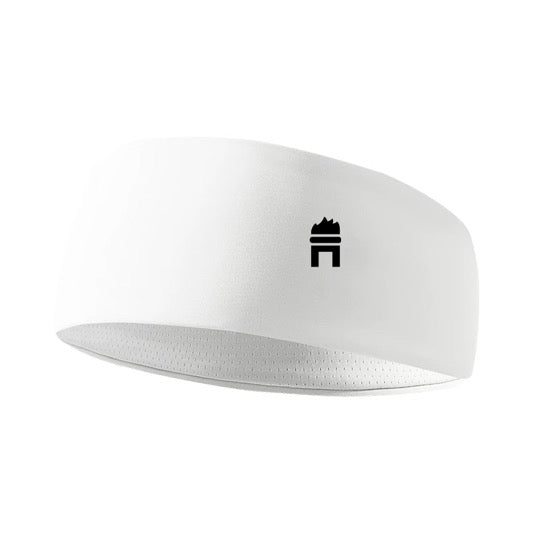 A white athletic headband with a black stylized logo on the front, shown against a plain white background.